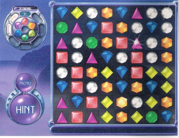 An 8 X 8 Array of 7 different colored Jewels with Hint and Menu buttons at lower left