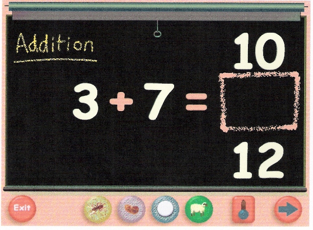 Addition problem written left to right 3 + 7 = and a box into which some wrong and one right answer vertically scroll.  Control buttons are along the bottom.  