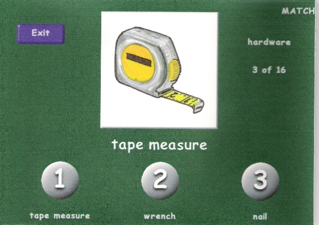 Labeled Picture of Tape Measure with 3 numbered buttons, 1 - 3, underneath, and below that 3 word choices, one of which is correct